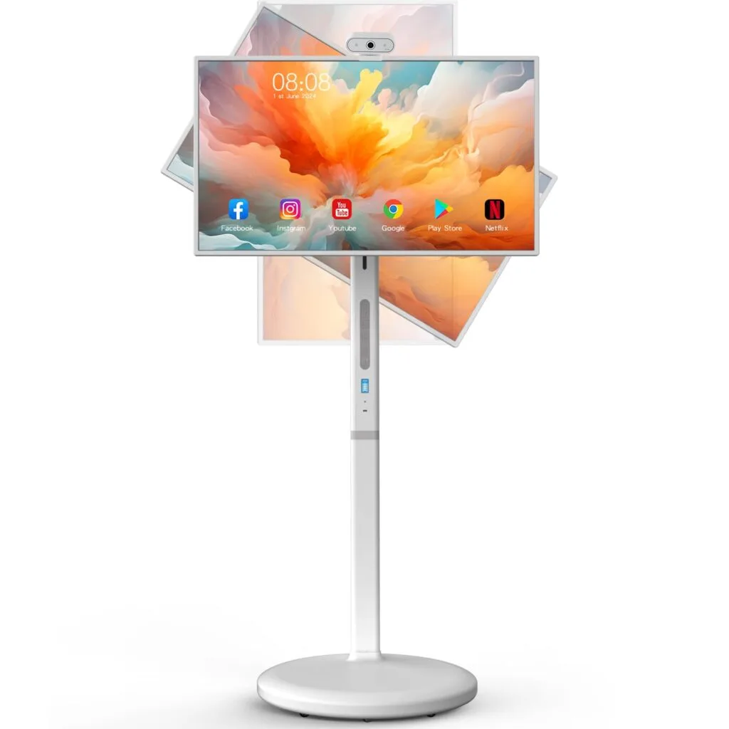 Portable Smart TV 32" 1080P Touch Screen Monitor on Wheels, Android OS 13 Built-in Battery, Detachable Camera and Stand, Full Swivel Rotation Rolling Tablet for Kitchen, Bedroom, Outdoors
