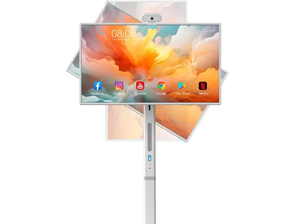 Portable Smart TV 32" 1080P Touch Screen Monitor on Wheels, Android OS 13 Built-in Battery, Detachable Camera and Stand, Full Swivel Rotation Rolling Tablet for Kitchen, Bedroom, Outdoors