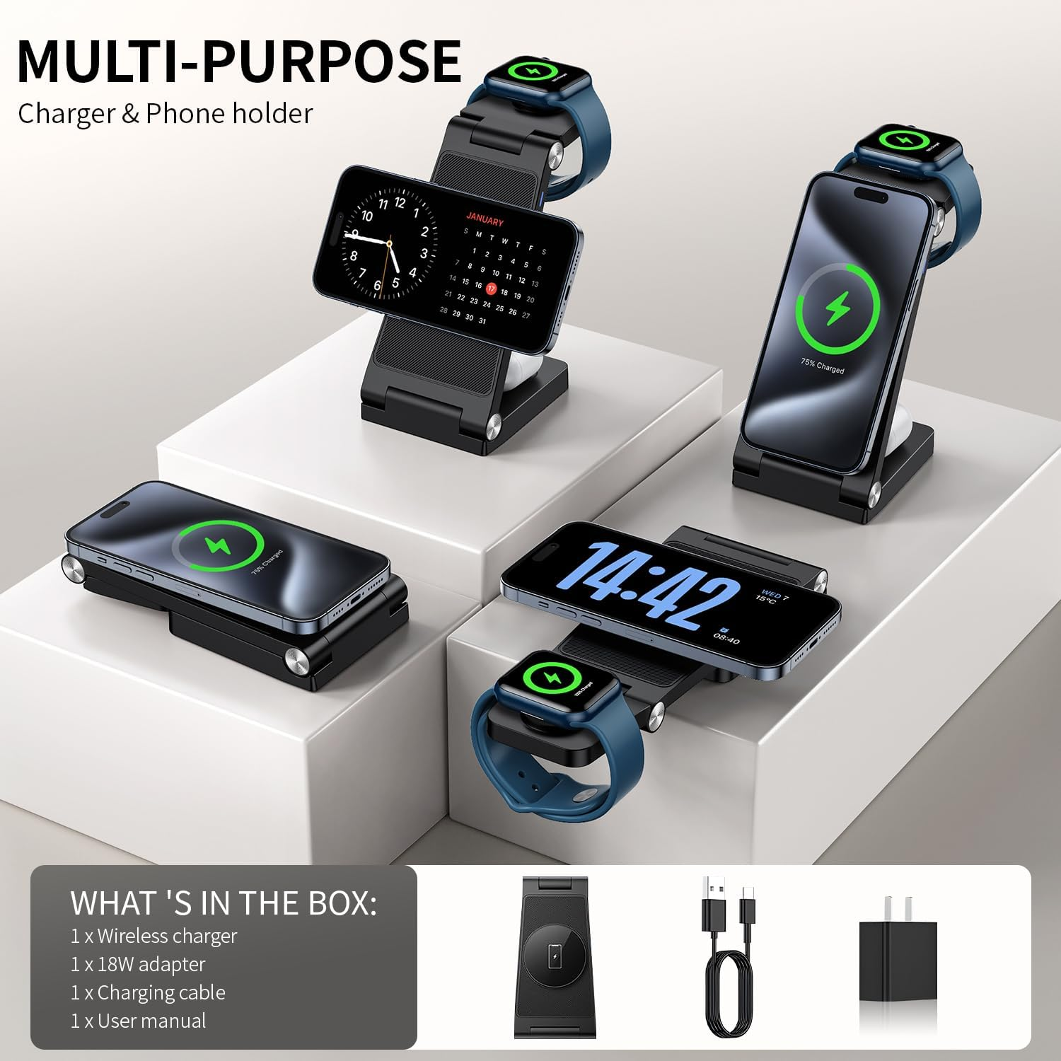 Multifunctional Wireless Charger & Phone Stand Features